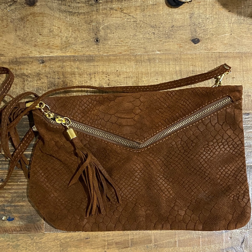 Jimmy Choo Brown Snake-Embossed Clutch with Tassel
